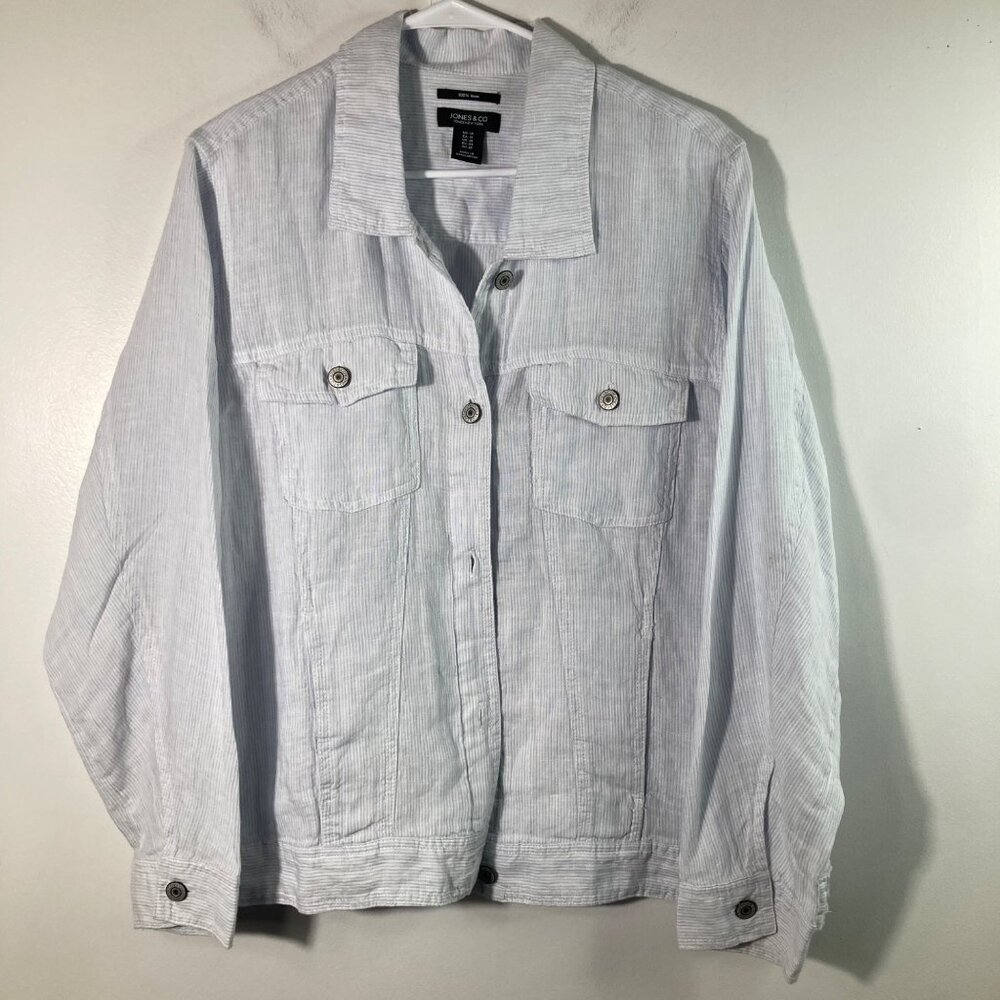 Womens Jones‎ & Co Striped Linen Jacket White Blue 1X Linen Pockets